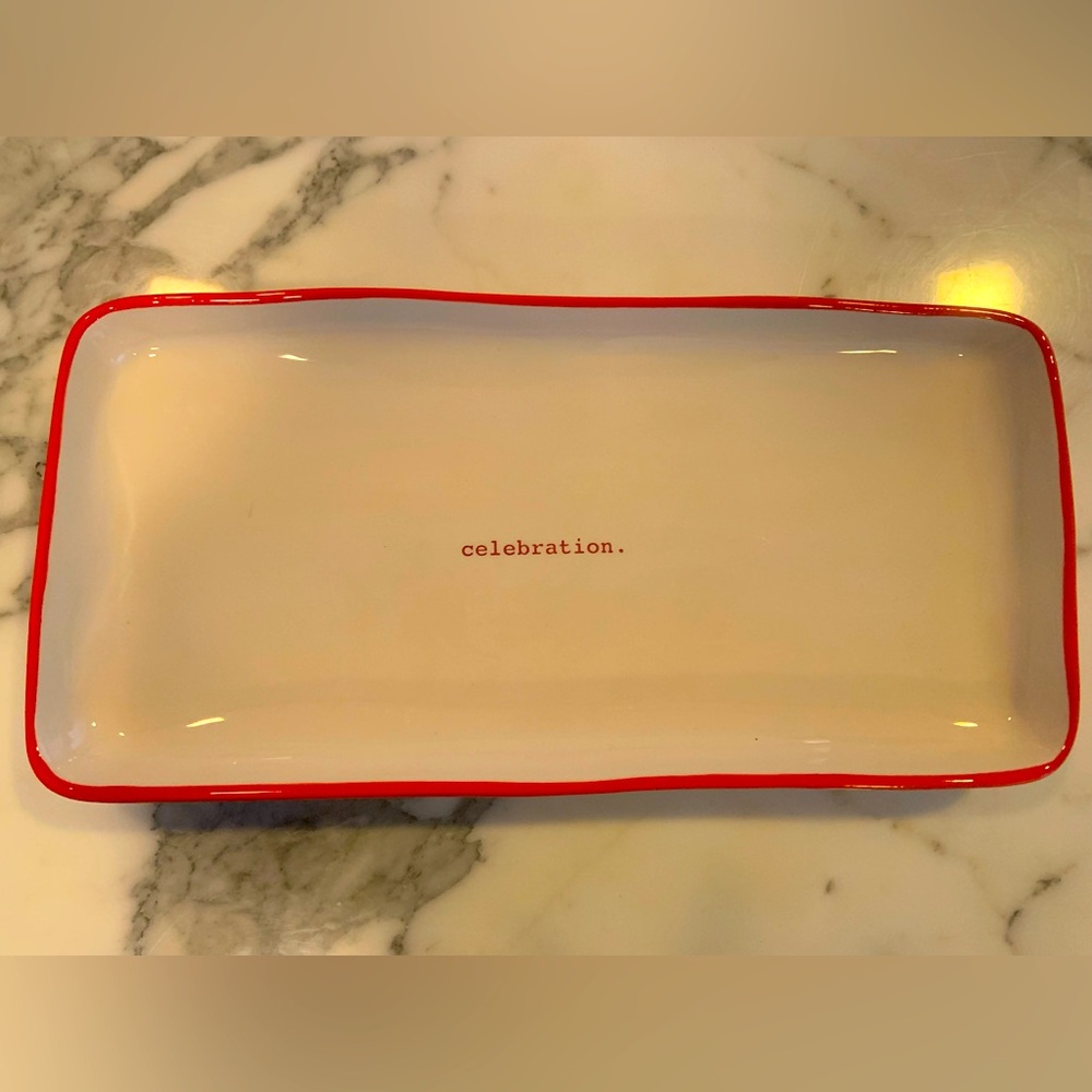 Rae Dunn “Celebration” Red & White Ceramic Holiday Serving Tray 14”